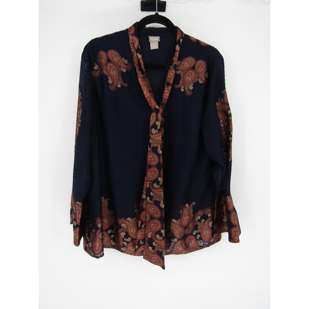 Chico's Blouse Womens L Navy Blue Paisley Tie Neck Long Sleeve Chiffon Lined